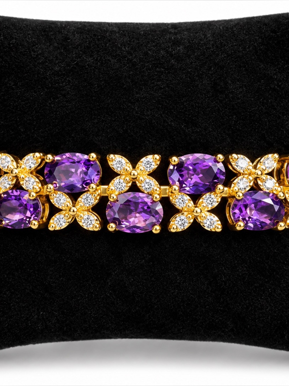 Stainless Steel Gold Tone Purple Crystal Rhinestone Bracelet 7”